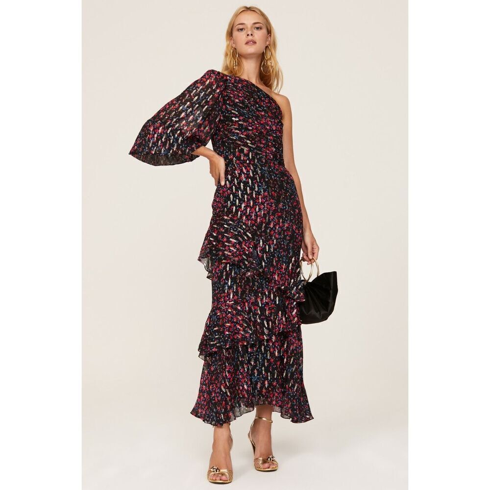 Shoshanna Sienna Maxi Dress in Black with gold and floral Accents